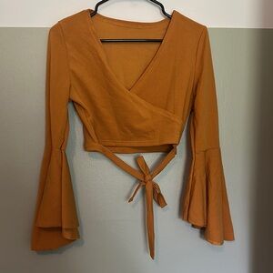 Flattering Mustard/orange Wrap Top with Flared Sleeves